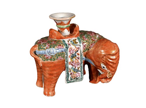 Inventory:  Chinese Export Porcelain, Chinese Export Porcelain Canton Famille Rose Elephant Candlestick, 1860, $2,500