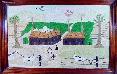 Inventory:  Silkwork, Embroidered Woolwork Picture of an Indian Village with Ploughing and a Bullock-Drawn Well, Early 20th Century, $950